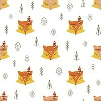 Cute fox pattern seamless forest animal, leaves, tree. Simple fall textile background. Kids red fox. Lovely autumn seamless pattern wildlife. Vector illustration. Hand drawn baby cloth graphic design.