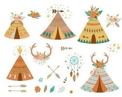 Teepee tents and arrows collection. Native american teepee set, flowers, horns, Dreamcatcher hipster. Kids wigwam tent. Cute summer adventure graphic element isolated Indian tents Vector illustration.