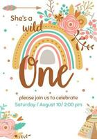 Wild one birthday boho invitation Cute boho shower frame. Boho flower frame. Wild one birthday poster. Pink boho rainbow, pink floral bouquet, teepee, arrow. Bohemain template vector illustration.