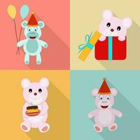 Set of four birthday icons of teddy with balloon, gift box, cake and cap on colorful background. vector