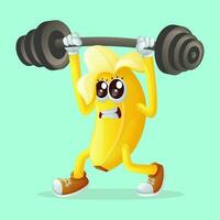 Cute banana character lifting weights vector