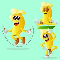 Cute banana characters exercising vector