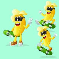 Cute banana characters skateboarding vector