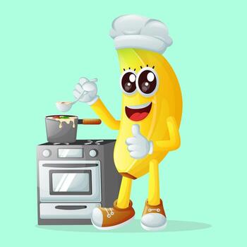 linda plátano personaje Cocinando en un estufa vector