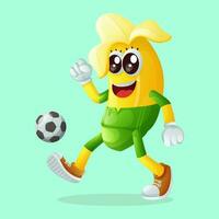 linda plátano personaje jugando fútbol vector