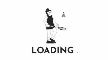 animerad bw badminton spelare lastare. kvinna idrottare slå fjäderboll. blixt meddelande 4k video antal fot. isolerat svartvit läser in animering med alfa kanal genomskinlighet för ui, ux webb design