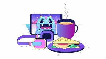 gemütlich Komposition im Bett Animation. animiert Tasse von Tee, Tablette Gerät und Sandwich 2d Karikatur eben Farbe Linie Szene. 4k Video Konzept auf Weiß mit Alpha Kanal Transparenz zum Netz Design