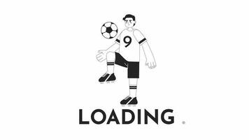 Animated bw male footballer loader. Young sportsman kicking soccer ball. Flash message 4K video footage. Isolated monochrome loading animation with alpha channel transparency for UI, UX web design