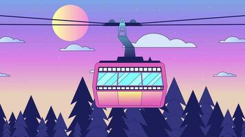 Cableway sunrise lo fi animation. Ropeway above sunset forest skyline. Cabin in woods. Animated 2D cartoon landscape. Chill lofi music 4K video vaporwave background, alpha channel transparency