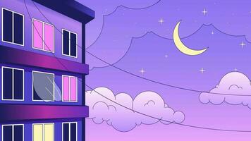 Wohnung Nacht siehe da fi Animation. blinkend Licht im Fenster Gebäude. Mondlicht Wohn. animiert 2d Karikatur Stadtbild. Ausruhen lofi Musik- 4k Video Dampfwelle Hintergrund, Alpha Kanal Transparenz