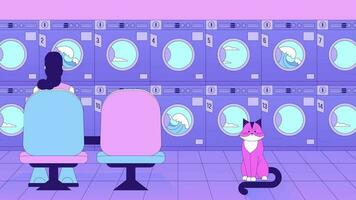 warten Wäsche siehe da fi Animation. Hausarbeit Waschsalon. Frau im Waschsalon mit Katze. animiert 2d Karikatur Figuren. Ausruhen lofi Musik- 4k Video Dampfwelle Hintergrund, Alpha Kanal Transparenz