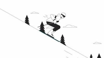 skiën bergafwaarts bw animatie. geanimeerd freeskier Holding stokjes 2d tekenfilm vlak monochroom lijn karakter. ski toevlucht 4k video concept beeldmateriaal Aan wit met alpha kanaal transparantie voor web ontwerp