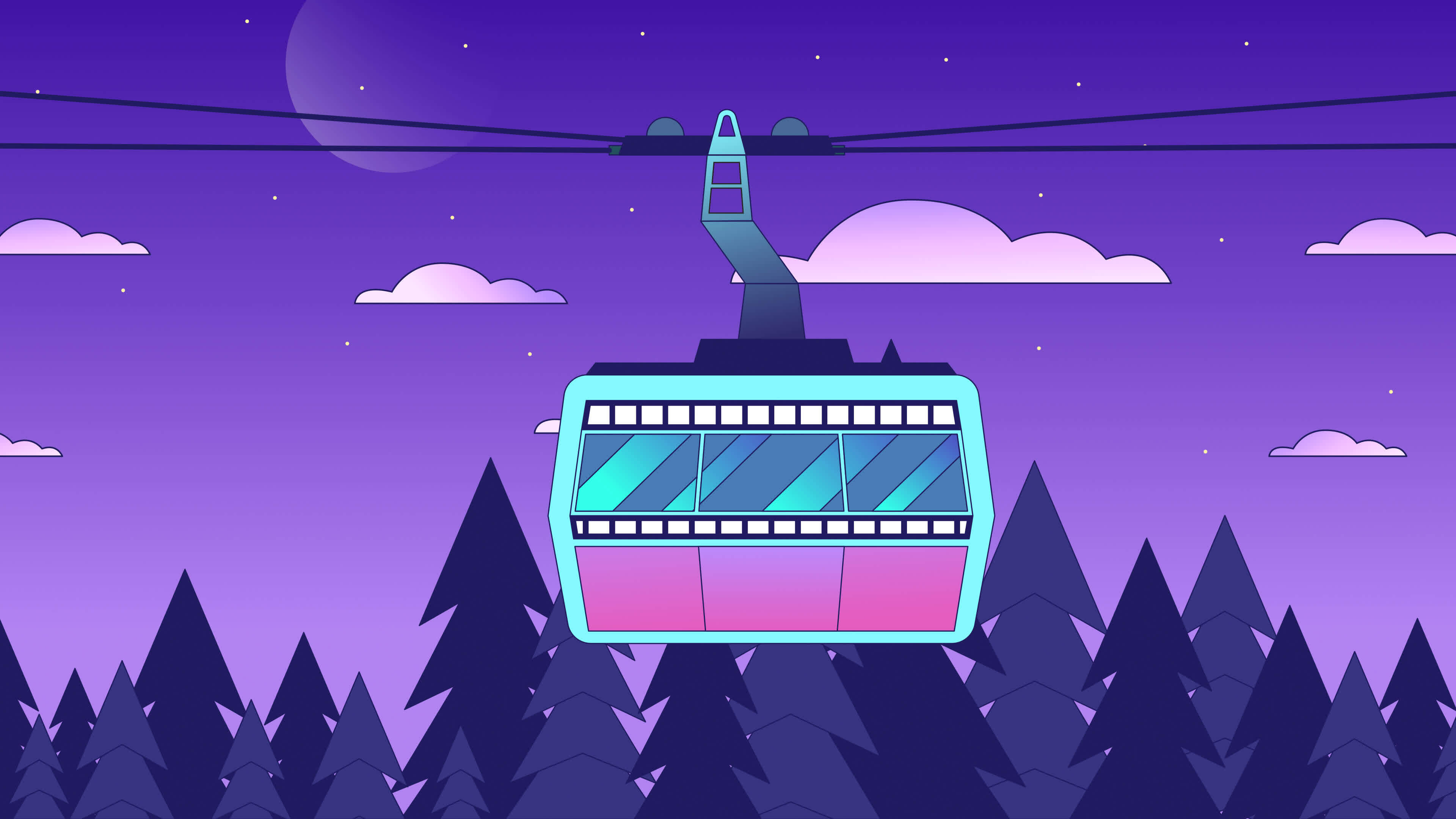 góndola levantar noche lo fi animación. aéreo teleférico en verano