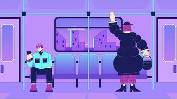 Commuter rail lo fi animation. Public transport. Rail travel. Train people traveling. Animated 2D cartoon characters. Chill lofi music 4K video vaporwave background, alpha channel transparency