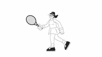 Hitting tennis ball bw animation. Animated isolated 2D athlete with racket. Individual sports. Cartoon monochrome thin line character 4K video footage, alpha channel transparency for web design