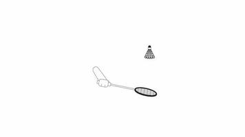 fjäderboll slå bw animation. animerad isolerat 2d badminton racket, skyttel. hand innehav racket. tecknad serie svartvit tunn linje hand 4k video antal fot, alfa kanal genomskinlighet för webb design