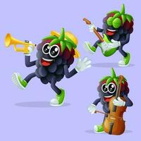 Cute blackberry characters playing musical instruments vector