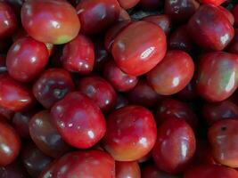 Group of fresh red tomatoes on display at  local indonesian market. Red tomatoes background photo