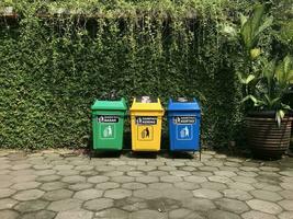 Three types of trash cans in public places. Trash cans with various colors. Outdoor garbage sorting trash can photo