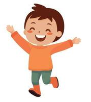 Cheerful boy running and jumping with joy over white vector