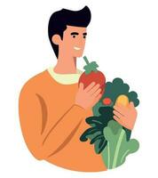 One man holding a salad with fresh vegetables over white vector