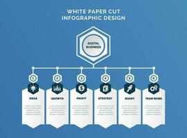 White paper cut infographic template and business icons vector illustration. Design concept with six options, steps, process for presentation, layout, diagram chart, anual report