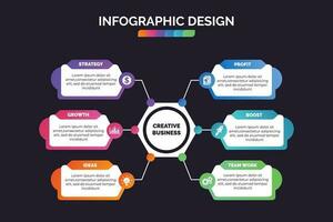 Timeline infographic visualization and business icons with 6 options, steps, process for presentation, layout, diagram chart, anual report vector