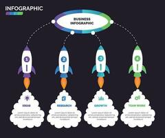 Rocket launch infographic design vector with 4 options, steps, process for presentation, layout, workflow. Creative business concept illustration