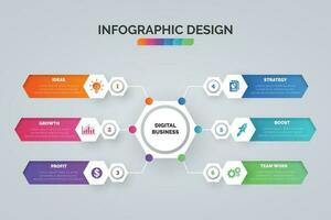 Timeline infographic visualization design template and business icons with 6 options, steps, process for presentation, layout, diagram chart, anual report vector