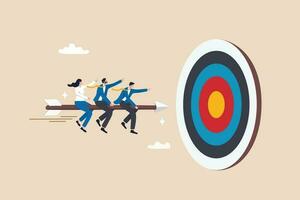 Teamwork aiming for target, business goal or achievement, focus on goal, objective or purpose, company direction or collaboration partner concept, business people team riding arrow to hit bullseye. vector