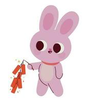 happy pink rabbit with firecracker vector