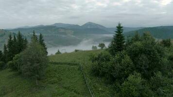 manövrerbar flyg i de morgon- dimma över en berg by på fpv Drönare video