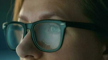 femme dans des lunettes à la recherche sur le moniteur et et travail avec graphiques et analytique. le moniteur écran est réfléchi dans le des lunettes video