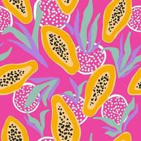 Bright papaya fruit seamless pattern. Half of papaya with leaves and abstract elements on pink background vector