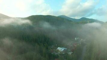 vuelo terminado montañas cubierto con conífero bosque. niebla sube terminado el montaña pendientes video