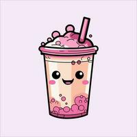 vector smile cute boba milk tea with flat cartoon style illustration