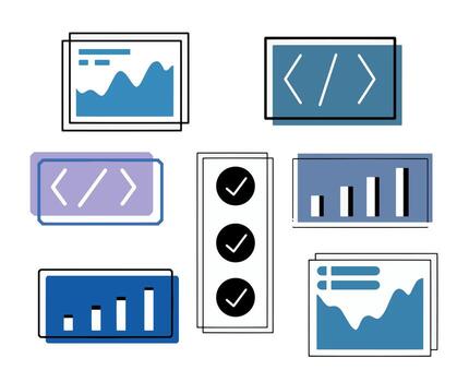 Set of UI and UX icons. Simple minimalistic elements of web design. Graph columns are curve diagrams. vector