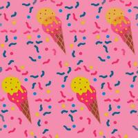 High contrast minimalistic seamless pattern with ice cream and confetti on pink background. Vector bold ice cream cone illustration. Perfect for wrapping, background, kids textile, wallpaper, poster