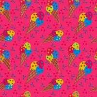 An ice cream minimalistic seamless pattern. Modern vector high contrast ice craem cones with confrtti on pink background. Perfect for wrapping paper, background, kids textile, wallpaper, poster