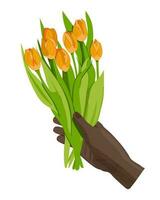 Black flat hand with bouquet of yellow tulips. From the personal point of view. Greetings or congratulations. Vector flat isolated concept. POV