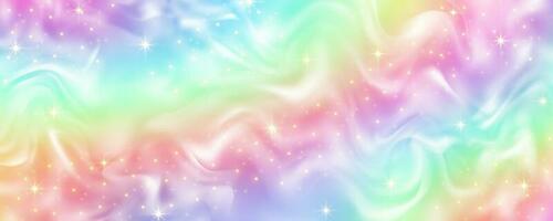 Rainbow background with waves of fluid. Abstract pastel gradient wallpaper with bright vibrant colors and stars. Vector unicorn holographic backdrop.