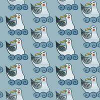 Retro cartoon mew seamless pattern. Flat vector seagull on the sea background with waves. Suitable for kids textile, wallpaper, wrapping, background, interior decor