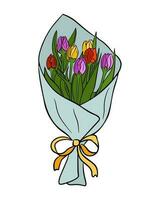 Colored bouquet of tulips in wrapping paper. Isolated flat vector illustration on white background. Floral outline composition for greeting card, invitation, background or banner.