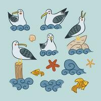 Flat cartoon set with seagull character on the sea with fish and shells. Childish outline isolated elements. Ideal for decoration, greeting cards, postcards, stickers vector