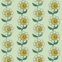 Retro groovy seamless pattern with floral emoticon. Flat vector flower with feeling in cartoon style on light background. Ideal for kids textile, wallpaper, wrapping, background, interior decor.