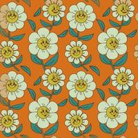 Nostalgic cartoon seamless floral pattern on orange background. Childish daisy character with emotions. Unique flat vector design. Suitable for kids textile, wallpaper, wrapping, background.