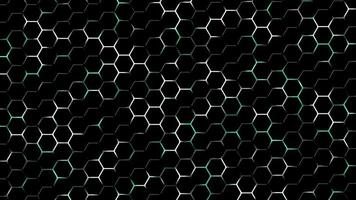Dark hexagon shapes with bluish green and white color glowing backlight background video