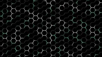 Dark hexagon shapes with bluish green and white color glowing backlight background video