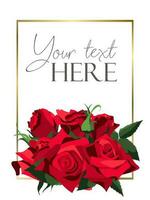 Flat style background template with red roses bunch on white background with golden frame vector