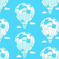 Vector seamless pattern with hot air balloon white flat silhouette on blue background